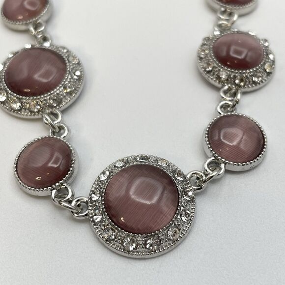 Silver Tone Purple Glass Cat Eye Round Rhinestone Boho Necklace Fashion Collar - Picture 2 of 8